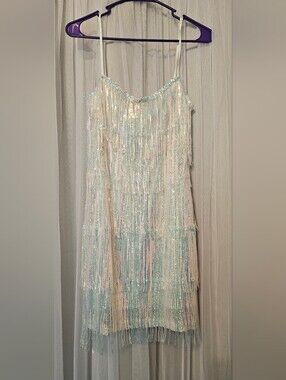 Day + Moon Iridescent Fringe Spaghetti-Strap Mini Dress in White Size Small